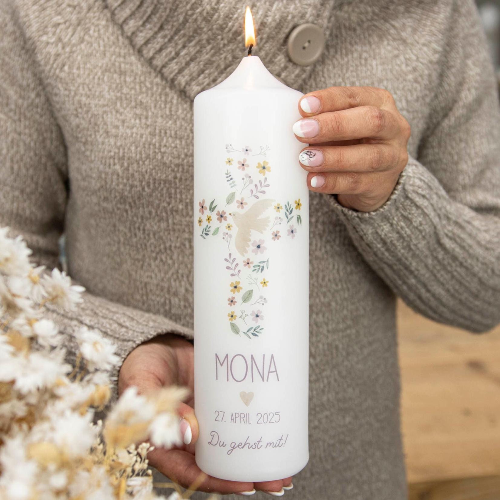 Bougie de Baptême Croix Mona Personnalisable en 3 Couleurs