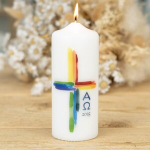 Osterkerze Regenbogen Kreuz - inkl. Grußkarte + Geschenkbox! Kostenloser Versand in 2-4 Werktagen!