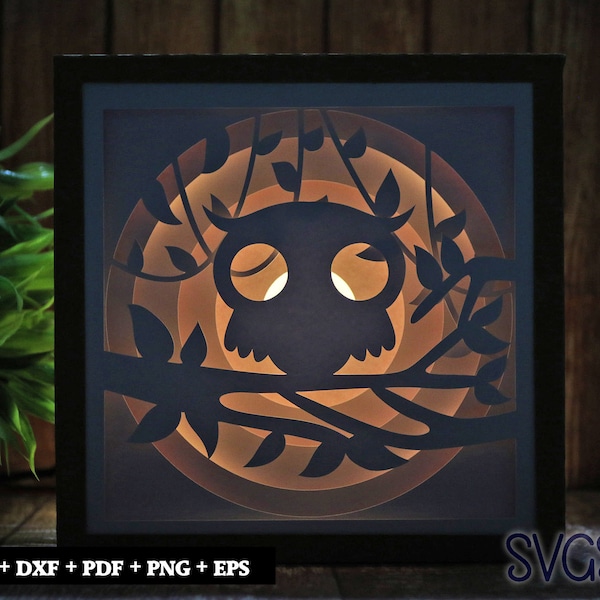 Ghost Owl Paper Cut Light Box Template, 3D 8x8, 12x12, 9x9 Square Shadow Box SVG, Cricut, Silhouette DIY