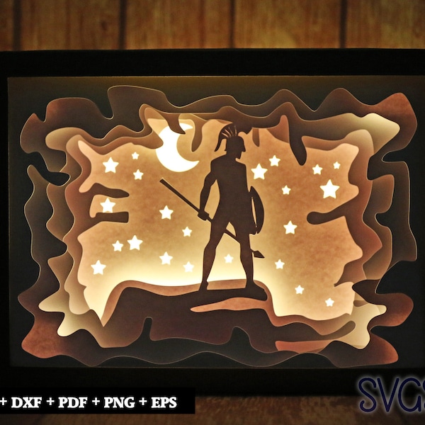 Ancient Warrior Paper Cut Light Box Template, 3D 5x7 Shadow Box SVG, Cricut, Silhouette DIY