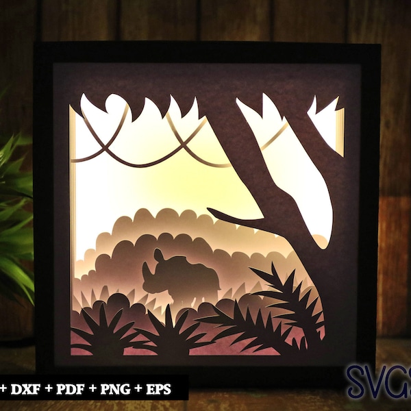 Rhinoceros walking in Jungle Paper Cut Light Box Template, 3D 8x8, 12x12, 9x9 Square Shadow Box SVG, Cricut, Silhouette DIY