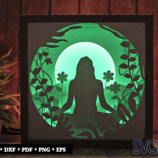 Woman Doing Yoga in The Morning Paper Cut Light Box Template, 3D 8x8, 12x12, 9x9 Square Shadow Box SVG, Cricut, Silhouette DIY