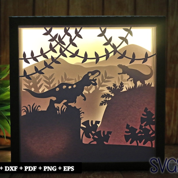 Tyrannosaurus Rex Angry Paper Cut Light Box Template, 3D 8x8, 12x12, 9x9 Square Shadow Box SVG, Cricut, Silhouette DIY