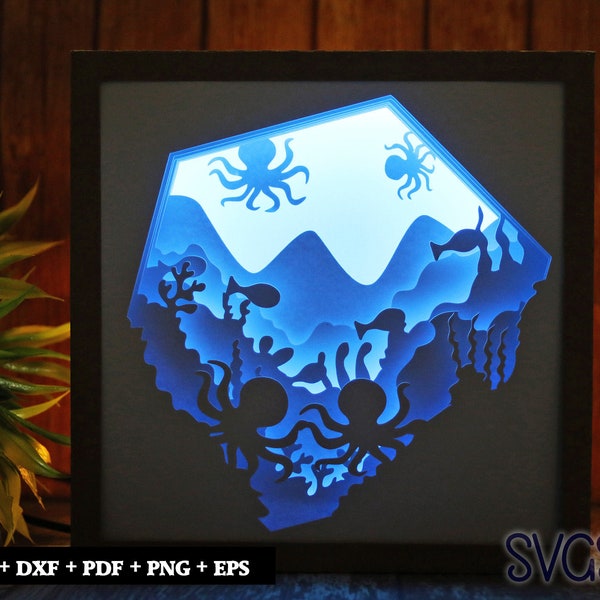 Octopus in the Deep Ocean Paper Cut Light Box Template, 3D 8x8, 12x12, 9x9 Square Shadow Box SVG, Cricut, Silhouette DIY