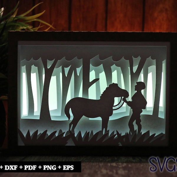 Horse with Boy Paper Cut Light Box Template, 3D 5x7 Shadow Box SVG, Cricut, Silhouette DIY