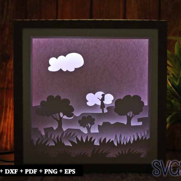 Girl Praying Paper Cut Light Box Template, 3D 8x8, 12x12, 9x9 Square Shadow Box SVG, Cricut, Silhouette DIY