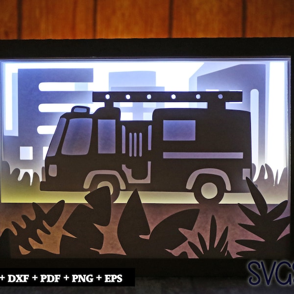 Emergency Fire Truck Paper Cut Light Box Template, 3D 5x7 Shadow Box SVG, Cricut, Silhouette DIY