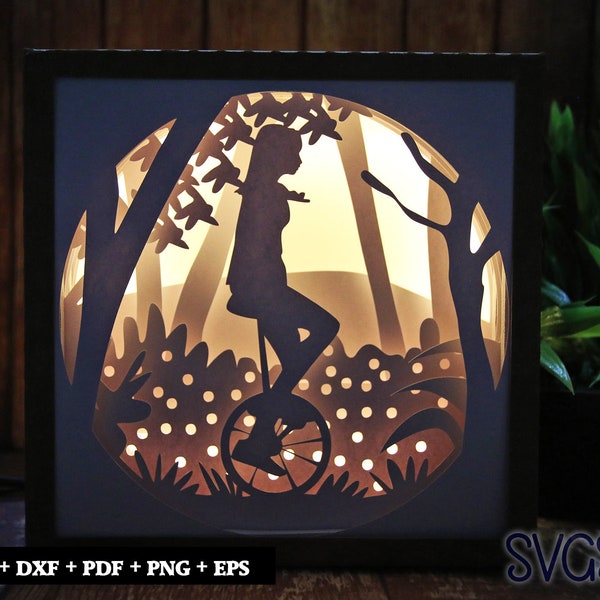 Girl on Unicycle Paper Cut Light Box Template, 3D 8x8, 12x12, 9x9 Square Shadow Box SVG, Cricut, Silhouette DIY Girl on Unicycle Paper Cut Light Box Template, 3D 8x8, 12x12, 9x9 Square Shadow Box SVG, Cricut, Silhouette DIY