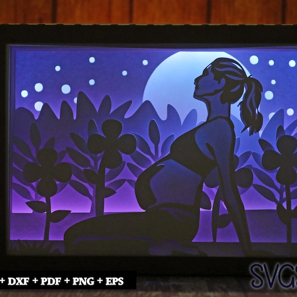 Pregnant Woman Workout Paper Cut Light Box Template, 3D 5x7 Shadow Box SVG, Cricut, Silhouette DIY