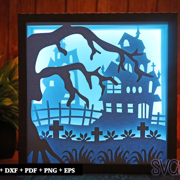 Halloween Ghost House Paper Cut Light Box Template, 3D 8x8, 12x12, 9x9 Square Shadow Box SVG, Cricut, Silhouette DIY Halloween Ghost House Paper Cut Light Box Template, 3D 8x8, 12x12, 9x9 Square Shadow Box SVG, Cricut, Silhouette DIY