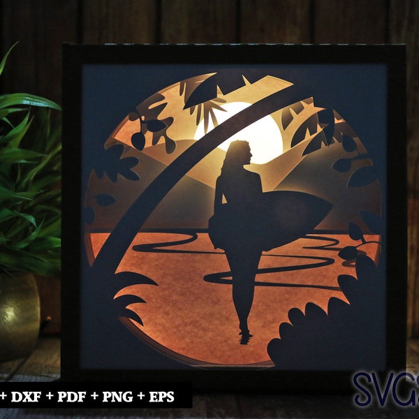 Girl on Beach Paper Cut Light Box Template, 3D 8x8, 12x12, 9x9 Square Shadow Box SVG, Cricut, Silhouette DIY Girl on Beach Paper Cut Light Box Template, 3D 8x8, 12x12, 9x9 Square Shadow Box SVG, Cricut, Silhouette DIY