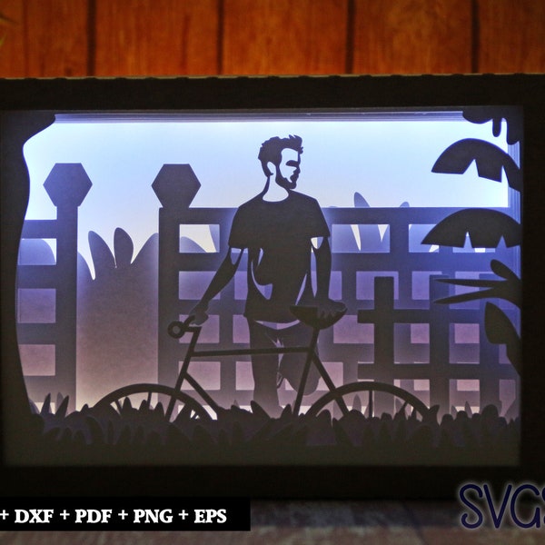 Bicycle Rider Paper Cut Light Box Template, 3D 5x7 Shadow Box SVG, Cricut, Silhouette DIY Bicycle Rider Paper Cut Light Box Template, 3D 5x7 Shadow Box SVG, Cricut, Silhouette DIY