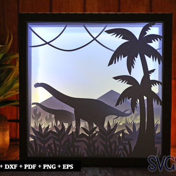 Dinosaur in Jungle Paper Cut Light Box Template, 3D 8x8, 12x12, 9x9 Square Shadow Box SVG, Cricut, Silhouette DIY Dinosaur in Jungle Paper Cut Light Box Template, 3D 8x8, 12x12, 9x9 Square Shadow Box SVG, Cricut, Silhouette DIY