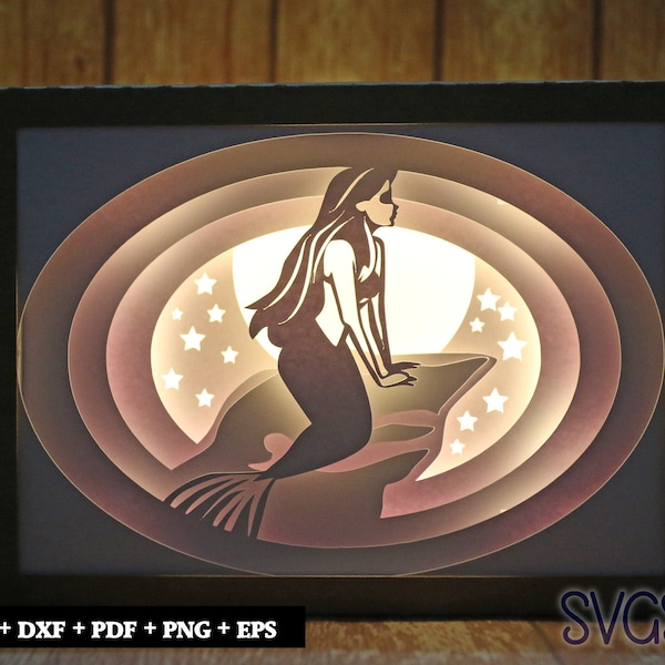 Alone Mermaid Paper Cut Light Box Template, 3D 5x7 Shadow Box SVG, Cricut, Silhouette DIY