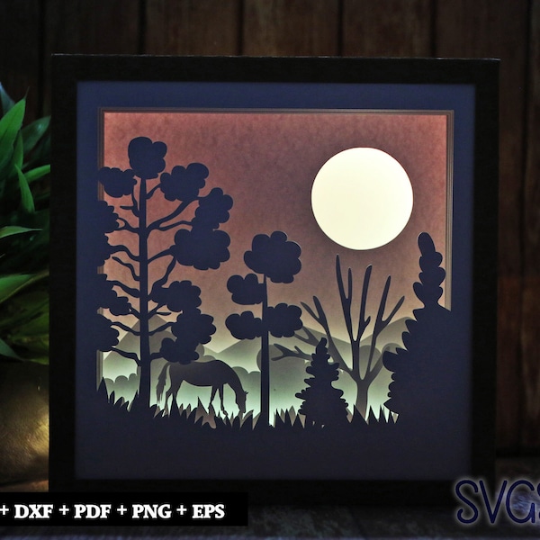 Horse Eating Grass Paper Cut Light Box Template, 3D 8x8, 12x12, 9x9 Square Shadow Box SVG, Cricut, Silhouette DIY