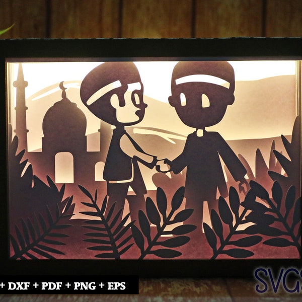 Eid Mubarak Shake Hands Paper Cut Light Box Template, 3D 5x7 Shadow Box SVG, Cricut, Silhouette DIY Eid Mubarak Shake Hands Paper Cut Light Box Template, 3D 5x7 Shadow Box SVG, Cricut, Silhouette DIY
