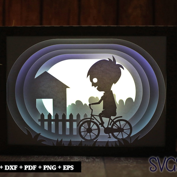 Boy Riding Bicycle Paper Cut Light Box Template, 3D 5x7 Shadow Box SVG, Cricut, Silhouette DIY Boy Riding Bicycle Paper Cut Light Box Template, 3D 5x7 Shadow Box SVG, Cricut, Silhouette DIY