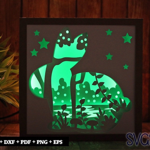 Sitting Rabbit Paper Cut Light Box Template, 3D 8x8, 12x12, 9x9 Square Shadow Box SVG, Cricut, Silhouette DIY