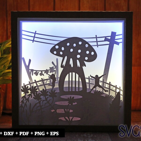 Mushroom House Paper Cut Light Box Template, 3D 8x8, 12x12, 9x9 Square Shadow Box SVG, Cricut, Silhouette DIY