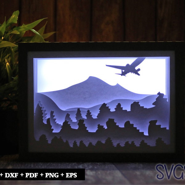 Airplane in Flight Paper Cut Light Box Template, 3D 5x7 Shadow Box SVG, Cricut, Silhouette DIY Airplane in Flight Paper Cut Light Box Template, 3D 5x7 Shadow Box SVG, Cricut, Silhouette DIY