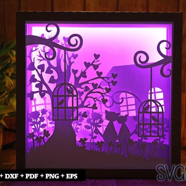 Cats in Love Paper Cut Light Box Template, 3D 8x8, 12x12, 9x9 Square Shadow Box SVG, Cricut, Silhouette DIY Cats in Love Paper Cut Light Box Template, 3D 8x8, 12x12, 9x9 Square Shadow Box SVG, Cricut, Silhouette DIY