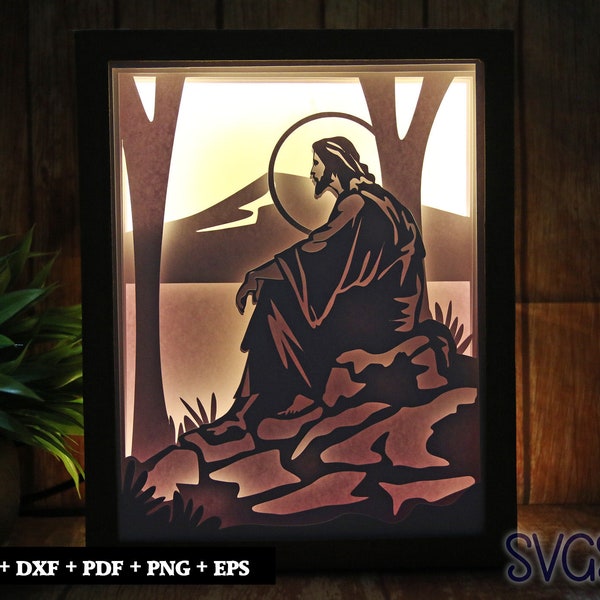 Jesus Sitting on a Mountain Paper Cut Light Box Template, 3D 8x10 Shadow Box SVG, Cricut, Silhouette DIY Jesus Sitting on a Mountain Paper Cut Light Box Template, 3D 8x10 Shadow Box SVG, Cricut, Silhouette DIY