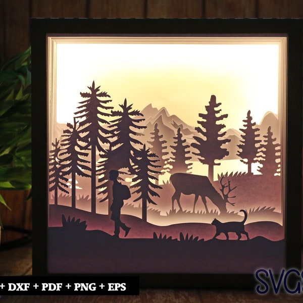 Boy with Cat Jungle Scene Paper Cut Light Box Template, 3D 8x8, 12x12, 9x9 Square Shadow Box SVG, Cricut, Silhouette DIY Boy with Cat Jungle Scene Paper Cut Light Box Template, 3D 8x8, 12x12, 9x9 Square Shadow Box SVG, Cricut, Silhouette DIY