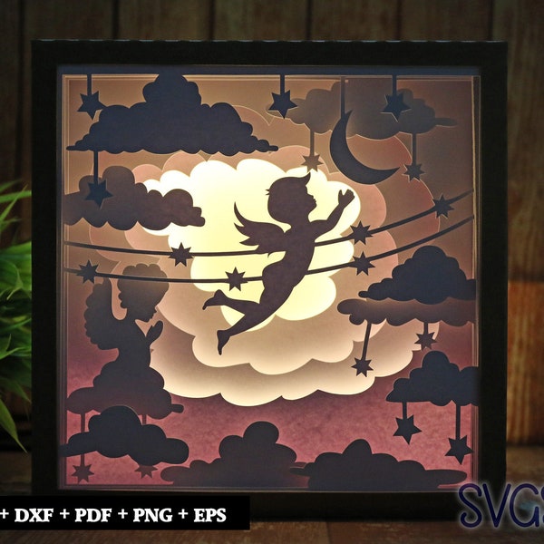 Angel with Moon Paper Cut Light Box Template, 3D 8x8, 12x12, 9x9 Square Shadow Box SVG, Cricut, Silhouette DIY Angel with Moon Paper Cut Light Box Template, 3D 8x8, 12x12, 9x9 Square Shadow Box SVG, Cricut, Silhouette DIY