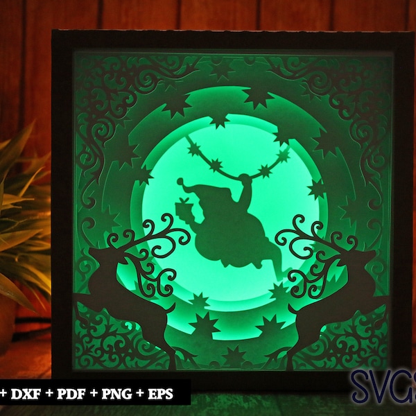 Santa with Reindeer Paper Cut Light Box Template, 3D 8x8, 12x12, 9x9 Square Shadow Box SVG, Cricut, Silhouette DIY Santa with Reindeer Paper Cut Light Box Template, 3D 8x8, 12x12, 9x9 Square Shadow Box SVG, Cricut, Silhouette DIY