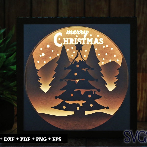 Merry Christmas Paper Cut Light Box Template, 3D 8x8, 12x12, 9x9 Square Shadow Box SVG, Cricut, Silhouette DIY
