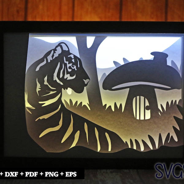 Tiger Standing Near Mushroom House Paper Cut Light Box Template, 3D 5x7 Shadow Box SVG, Cricut, Silhouette DIY