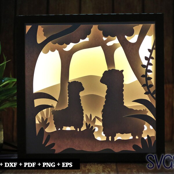 Llama in the Meadow Paper Cut Light Box Template, 3D 8x8, 12x12, 9x9 Square Shadow Box SVG, Cricut, Silhouette DIY