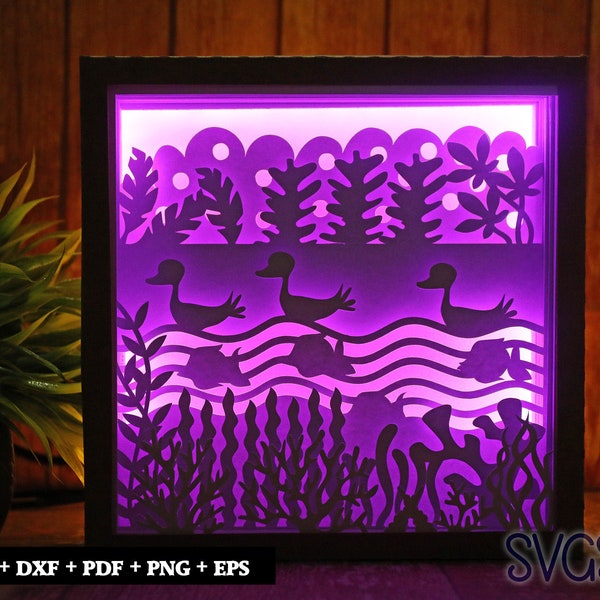 Swans and Fishes in Lake Paper Cut Light Box Template, 3D 8x8, 12x12, 9x9 Square Shadow Box SVG, Cricut, Silhouette DIY Swans and Fishes in Lake Paper Cut Light Box Template, 3D 8x8, 12x12, 9x9 Square Shadow Box SVG, Cricut, Silhouette DIY