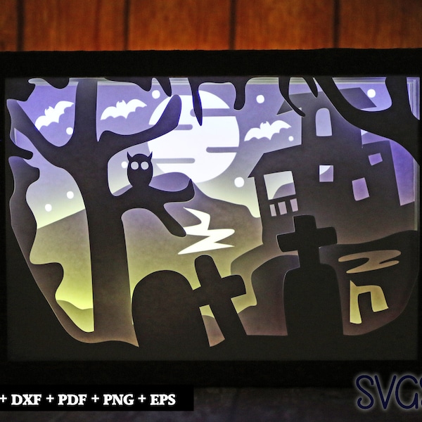 Halloween Scenery Paper Cut Light Box Template, 3D 5x7 Shadow Box SVG, Cricut, Silhouette DIY