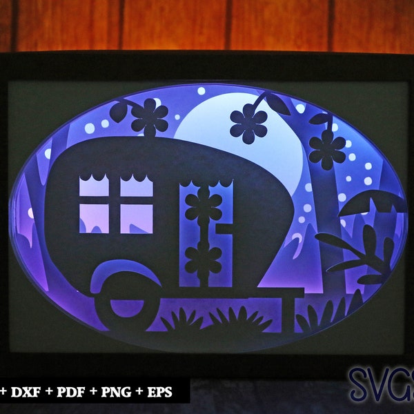 Mini Camper Paper Cut Light Box Template, 3D 5x7 Shadow Box SVG, Cricut, Silhouette DIY