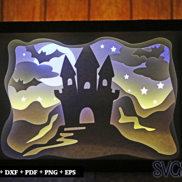 Castle with Bats Paper Cut Light Box Template, 3D 5x7 Shadow Box SVG, Cricut, Silhouette DIY