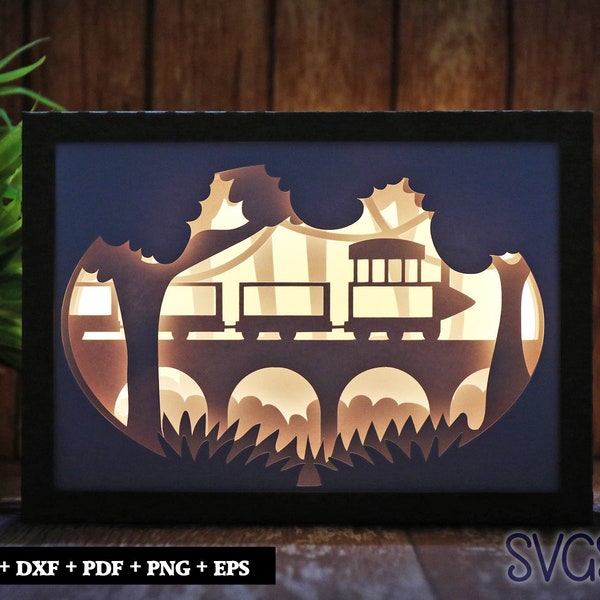 Train over Bridge Paper Cut Light Box Template, 3D 5x7 Shadow Box SVG, Cricut, Silhouette DIY Train over Bridge Paper Cut Light Box Template, 3D 5x7 Shadow Box SVG, Cricut, Silhouette DIY