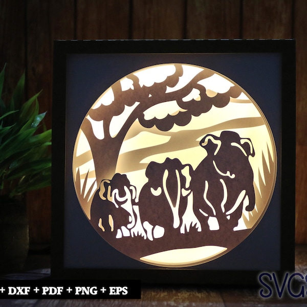 Elephants Walking Paper Cut Light Box Template, 3D 8x8, 12x12, 9x9 Square Shadow Box SVG, Cricut, Silhouette DIY