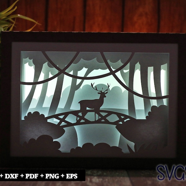 Swamp Deer on Bridge Paper Cut Light Box Template, 3D 5x7 Shadow Box SVG, Cricut, Silhouette DIY Swamp Deer on Bridge Paper Cut Light Box Template, 3D 5x7 Shadow Box SVG, Cricut, Silhouette DIY