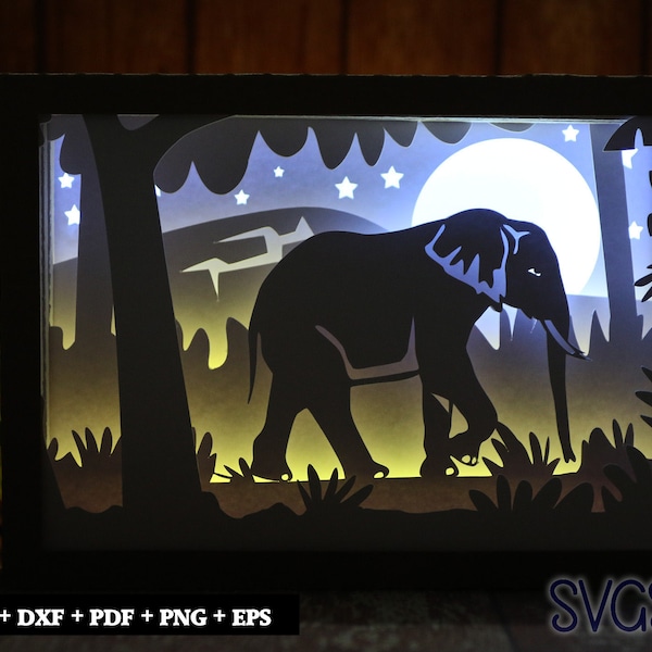 Elephant Walking in Jungle Paper Cut Light Box Template, 3D 5x7 Shadow Box SVG, Cricut, Silhouette DIY