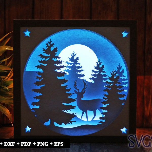 Deer with XMas Tree Paper Cut Light Box Template, 3D 8x8, 12x12, 9x9 Square Shadow Box SVG, Cricut, Silhouette DIY