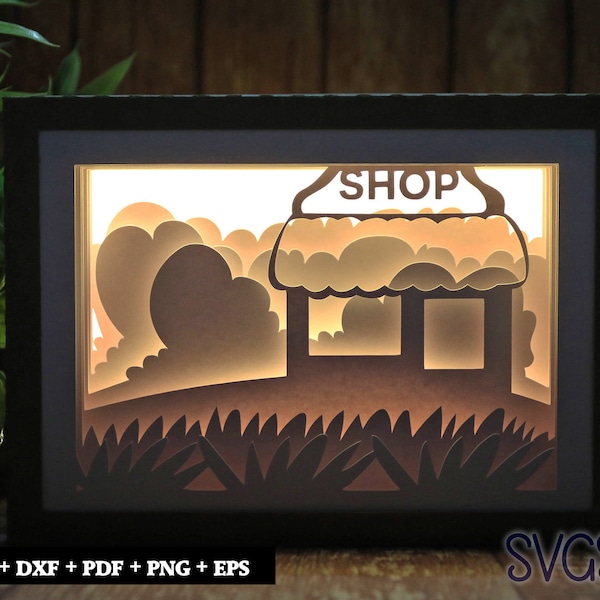Decorative Shop Paper Cut Light Box Template, 3D 5x7 Shadow Box SVG, Cricut, Silhouette DIY Decorative Shop Paper Cut Light Box Template, 3D 5x7 Shadow Box SVG, Cricut, Silhouette DIY
