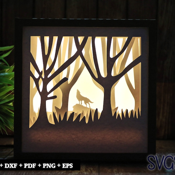 Fox Howling in Night Paper Cut Light Box Template, 3D 8x8, 12x12, 9x9 Square Shadow Box SVG, Cricut, Silhouette DIY