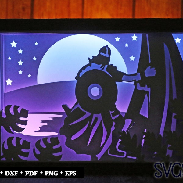 Viking Warrior Paper Cut Light Box Template, 3D 5x7 Shadow Box SVG, Cricut, Silhouette DIY