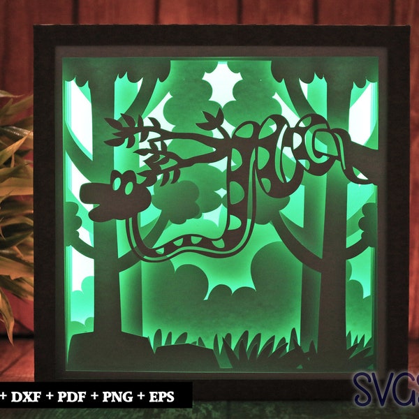 Snake on Tree Paper Cut Light Box Template, 3D 8x8, 12x12, 9x9 Square Shadow Box SVG, Cricut, Silhouette DIY