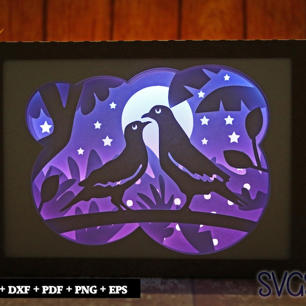 Cute Pigeons in Love Paper Cut Light Box Template, 3D 5x7 Shadow Box SVG, Cricut, Silhouette DIY