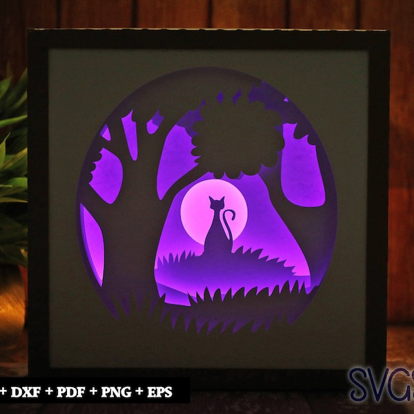 Cat in Jungle Paper Cut Light Box Template, 3D 8x8, 12x12, 9x9 Square Shadow Box SVG, Cricut, Silhouette DIY
