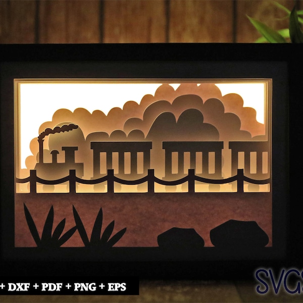 Cute Train Paper Cut Light Box Template, 3D 5x7 Shadow Box SVG, Cricut, Silhouette DIY
