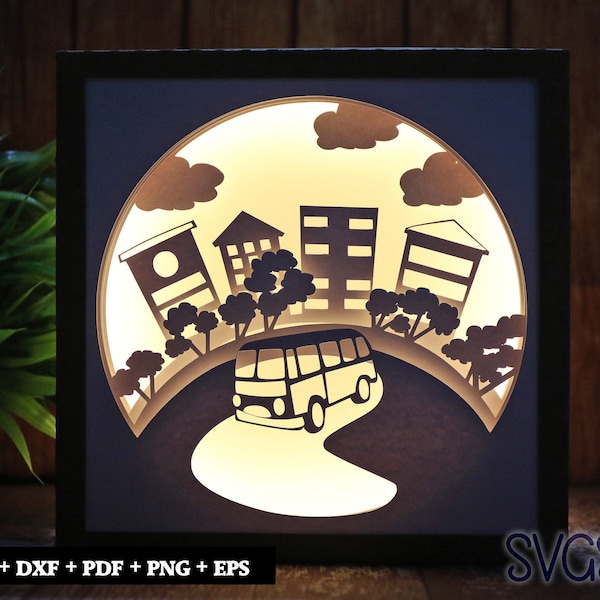 Bus City Scape Paper Cut Light Box Template, 3D 8x8, 12x12, 9x9 Square Shadow Box SVG, Cricut, Silhouette DIY Bus City Scape Paper Cut Light Box Template, 3D 8x8, 12x12, 9x9 Square Shadow Box SVG, Cricut, Silhouette DIY