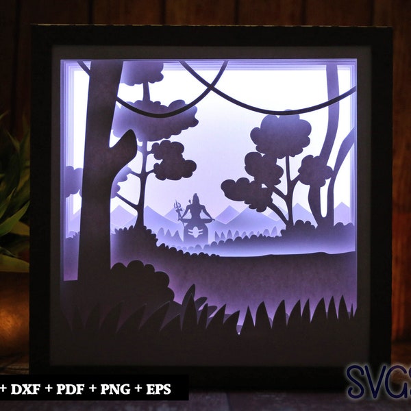 Lord Shiva Paper Cut Light Box Template, 3D 8x8, 12x12, 9x9 Square Shadow Box SVG, Cricut, Silhouette DIY